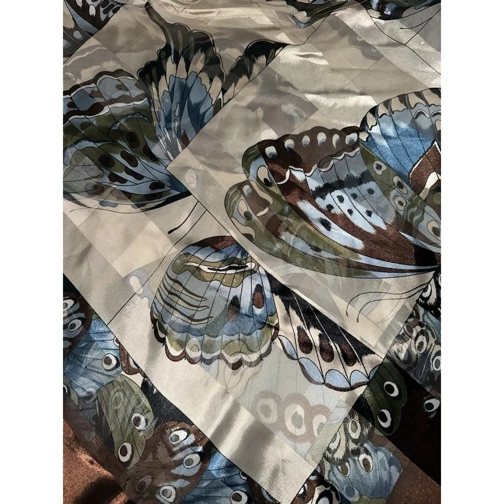 Blue Brown Beige Butterfly Print Square Scarf for‎ Women Vintage Fairy